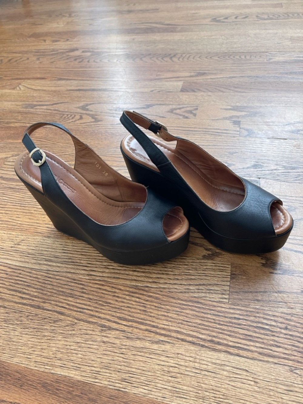 Hotic Leather Wedge Sandals Black Platform Heels Size 39 / US 8